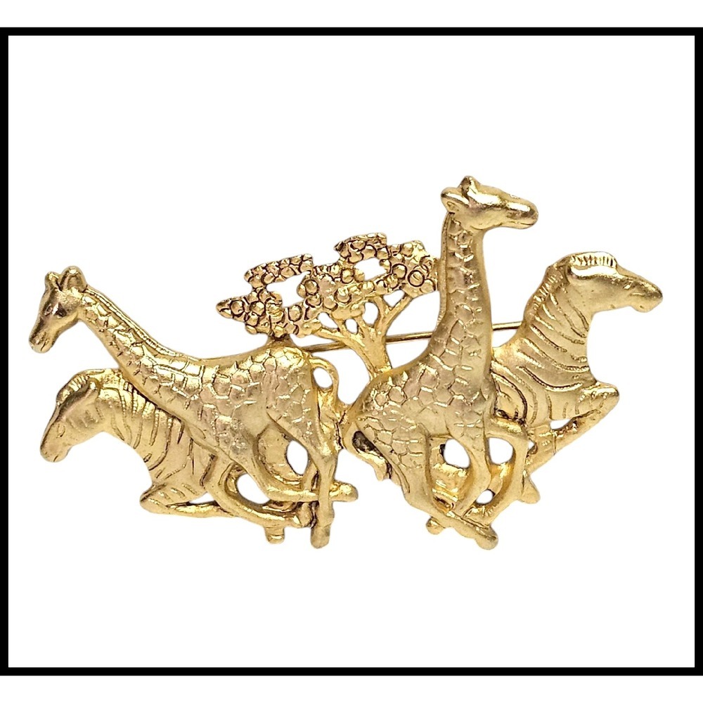 AJC Safari Brooch‎ Giraffe Zebra Tree Gold Tone Statement Pin